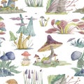 Seamless pattern with mushrooms, plants, fungi, lichen and moss. Decorative fantasy floral elements set.